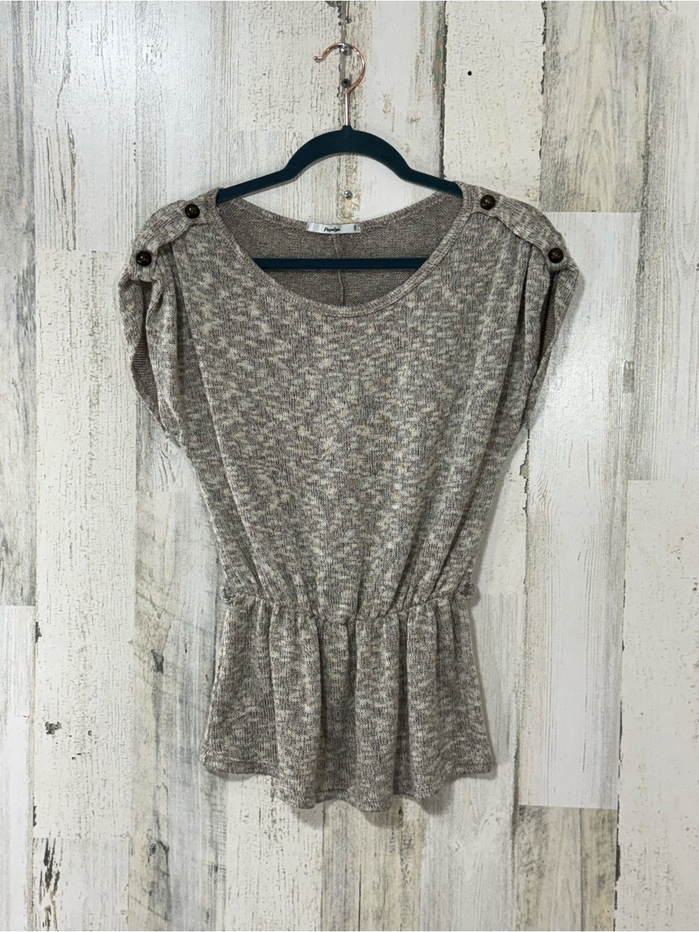 Papaya Beige Marled Knit Peplum Top with Button Shoulders